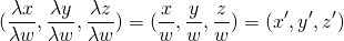 \[ (\frac{\lambda x}{\lambda w}, \frac{\lambda y}{\lambda w}, \frac{\lambda z}{\lambda w}) = (\frac{x}{w}, \frac{y}{w}, \frac{z}{w}) = (x', y', z') \]