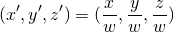 \[ (x', y', z') = (\frac{x}{w}, \frac{y}{w}, \frac{z}{w}) \]